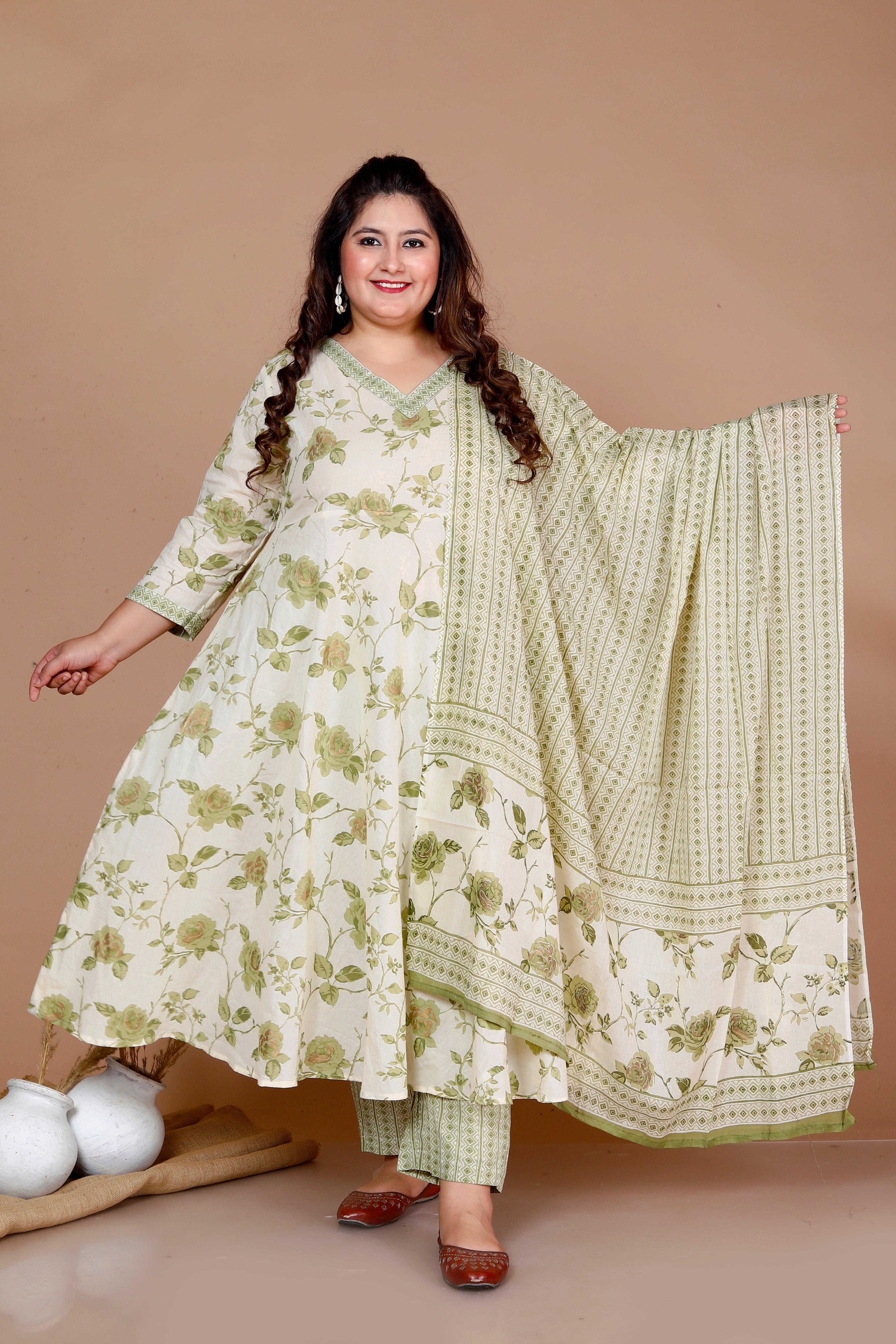 Green Floral Printed Cotton Anarkali Kurta with Palazzo and Dupatta Set